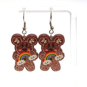 Gingerbread man glitter acrylic drop earrings with rainbow